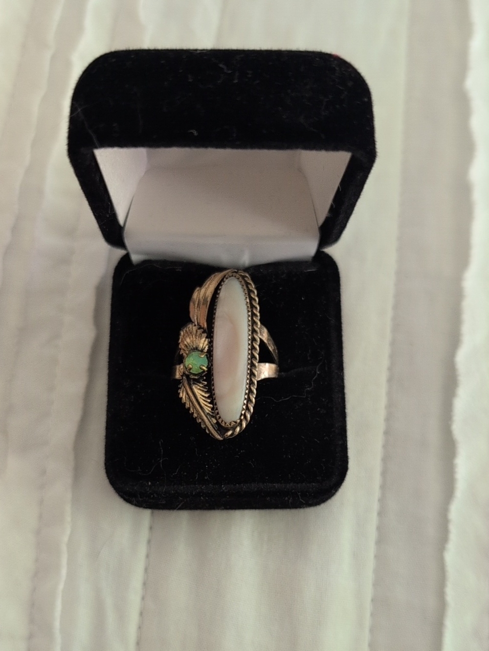 Sterling Silver And Brass White Mother-of-Pearl & Green Stone Statement Ring